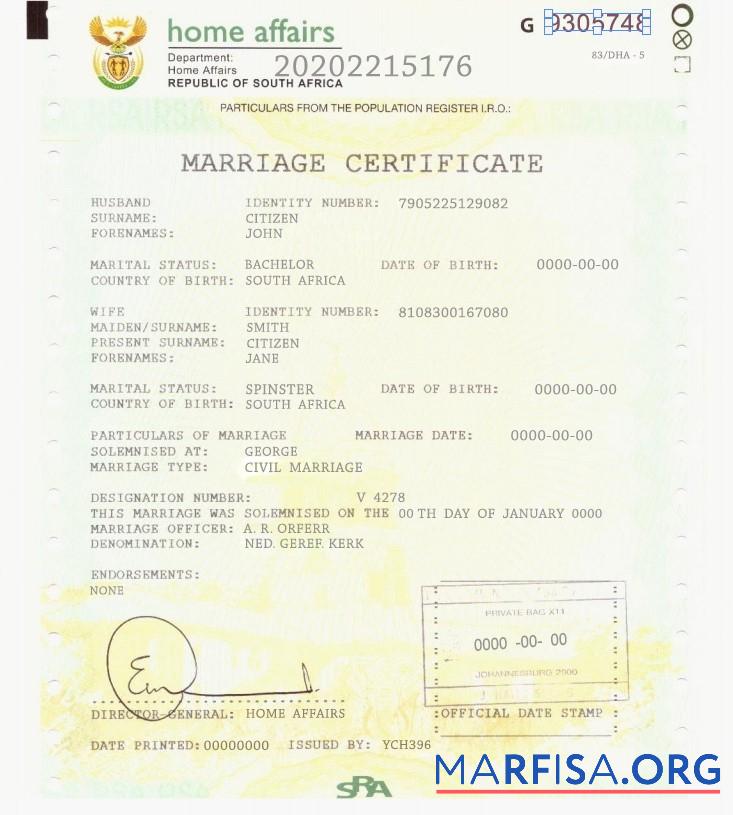 Printable South Africa marriage certificate template in PSD format